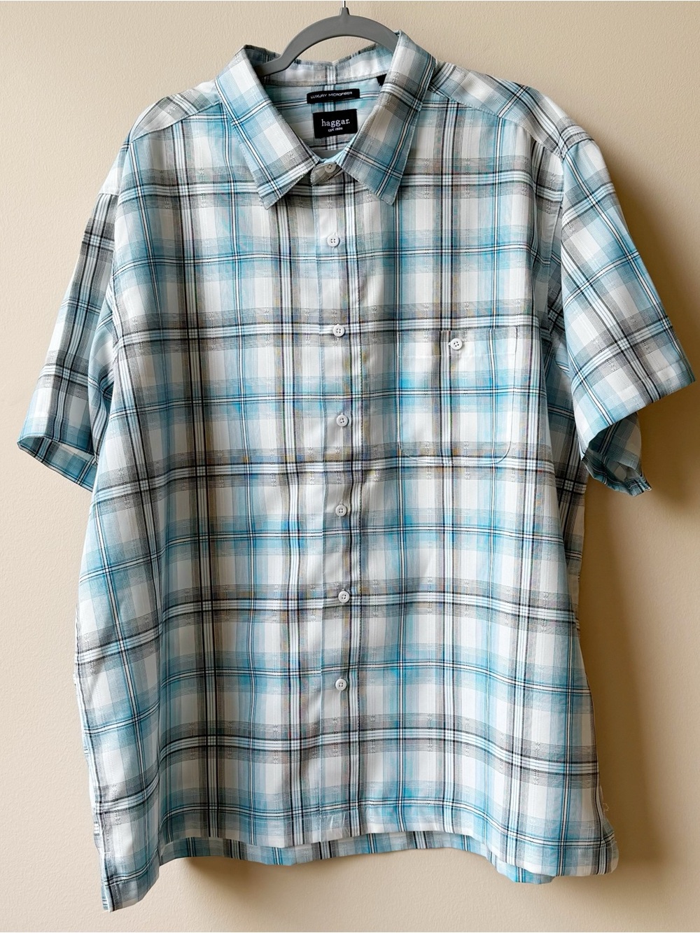 Haggar Button down Short Sleeve Shirt Men’s Size XXL Microfiber Blue Black White